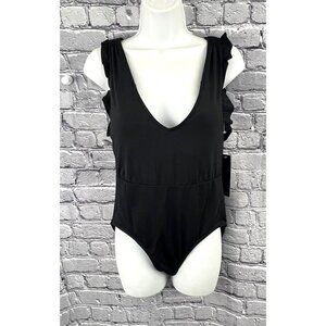 Catalina Swimwear Black‎ 1 Piece Swimsuit Size M Ruffle Smocked Deep Plunge NWT